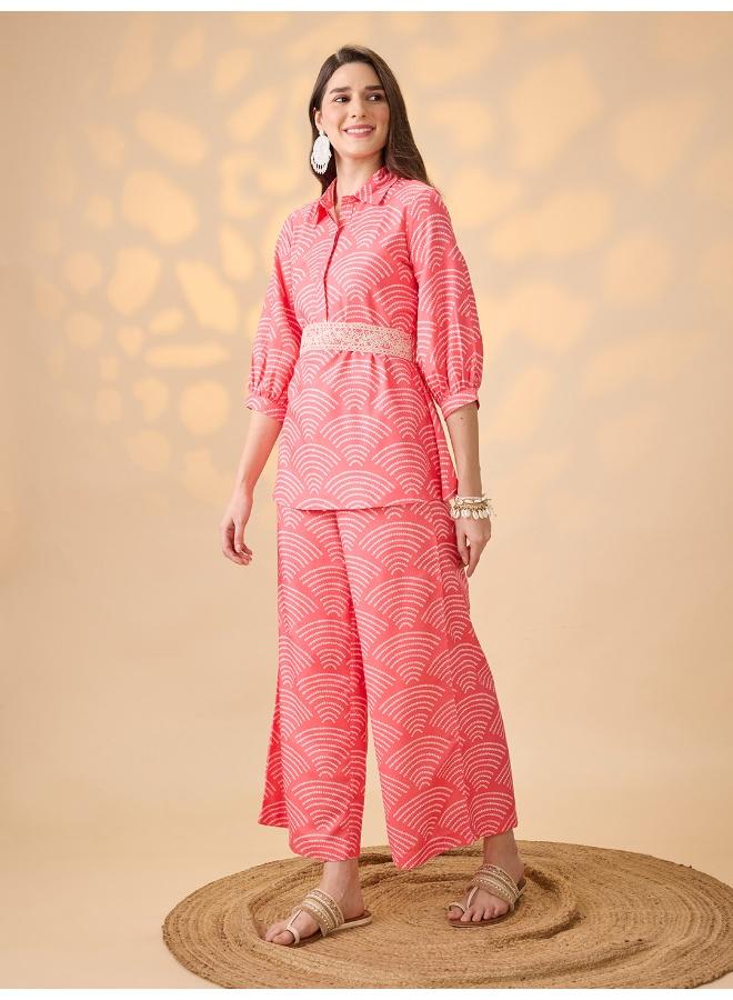 Globus Women Coral Shirt Collar Puff Sleeves Abstract Print Tunic With Palazzos & Embroidered Belt Festive Co-Ord Set - Image 3